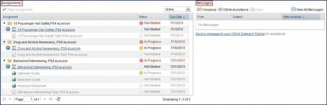 Assignments and Messages panel
		  